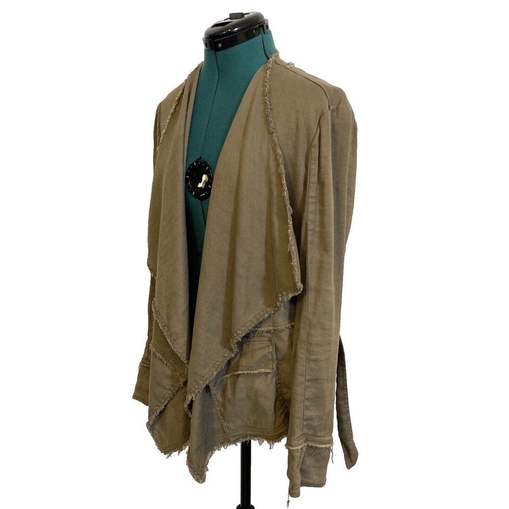 Free‎ People Drape Front Jacket Raw Edge Linen Blend M Olive Green Boho Utility